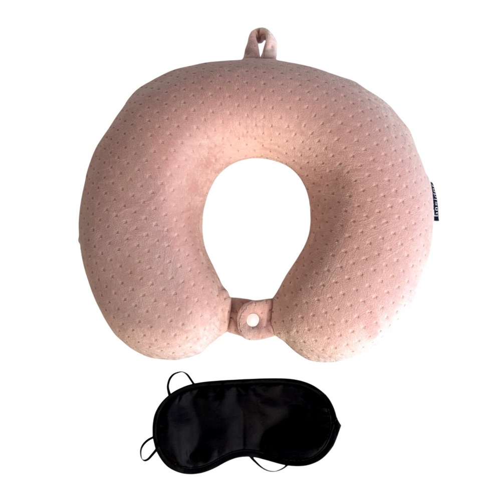 Pink Travel Pillow Comfortable Memory Foam Neck & Head Support Eye Mask